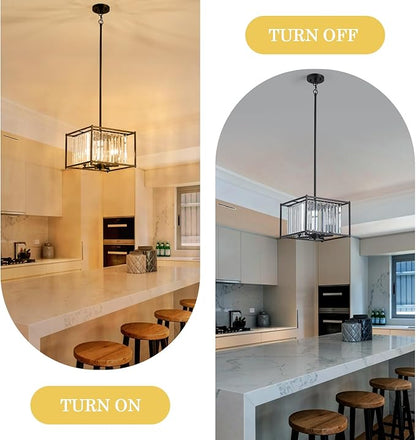 Square Small Crystal Chandeliers for Dining Room, 4-Light Black Pendant Ceiling Light Fixture 13" Mini Modern Farmhouse Adjustable Hanging Lamps for Bedroom Entryway Hallway