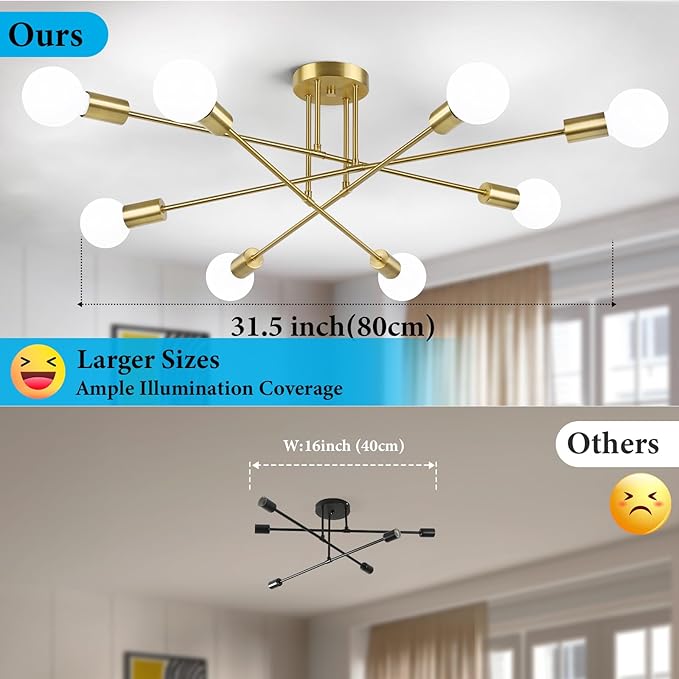 Modern Sputnik Chandelier 8-Light Industrial Ceiling Lights Fixture 32" Gold Semi Flush Mount Ceiling Light with E26 Base Sputnik Lights Fixture for Dining Room Bedroom Foyer Hallway Living Room