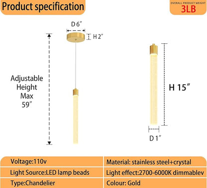 Modern Gold Crystal Pendant Light for Kitchen Island Lighting Dimmable LED Adjustable Crystal Column Chandelier Lighting Hanging Pendant Lighting