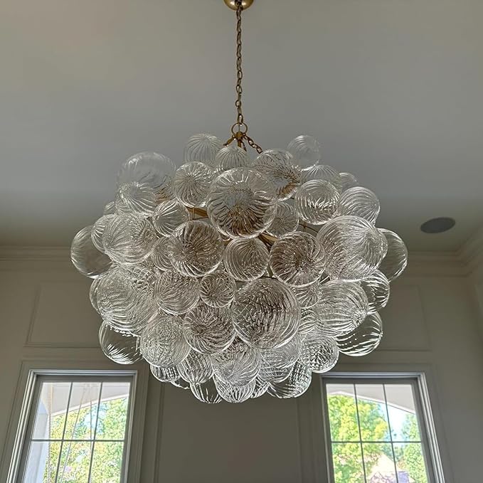 Mid Century Bubble Ball Chandeliers Dia 36 Inch Decorative Lights Swirled Ribbed Glass Clear Blown Glass Globe Chandelier Large Pendant Light Fixture for Bedroom Dining Room Over Table