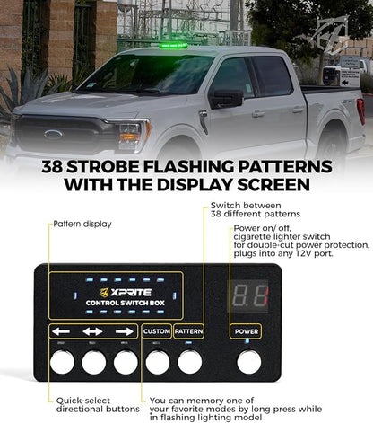 Xprite Green Rooftop Emergency Strobe Light Bar, US Flag Beacon Safety Flashing Warnin Lights w/Control Panel Magnetic Base for Construction Trucks Plows Postal Security Cars