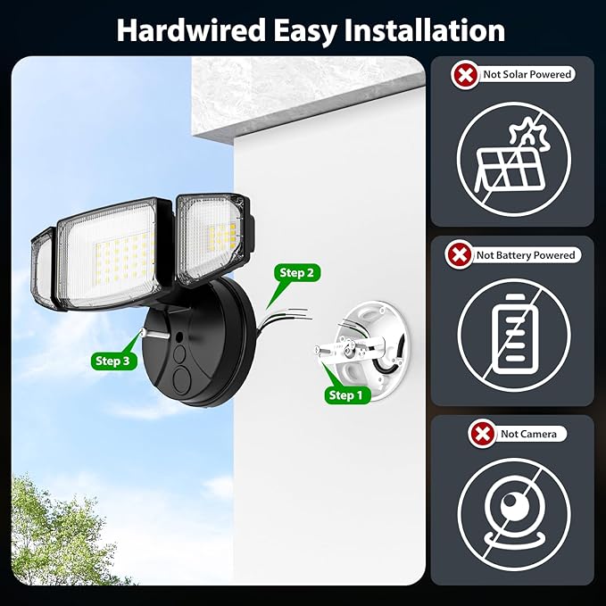 iMaihom 65W 6500LM LED Outdoor Flood Light, Switch Controlled Outdoor Security Light, 3 Adjustable Heads, IP65 Waterproof, 6500K Daylight White, Hardwired Wall Mount Light for Garage Yard Patio, Black