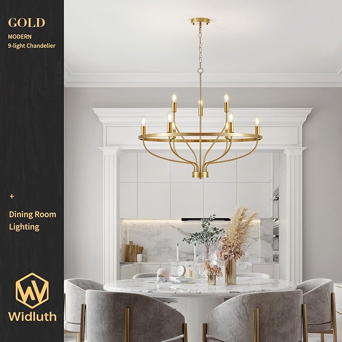 30" Modern Gold Chandelier Light Fixture Vintage 9-Lights Mid Century Modern Candle Style Chandeliers Rustic Industrial Golden Chandelier for Dining Room, Kitchen Island, Living Room, E12