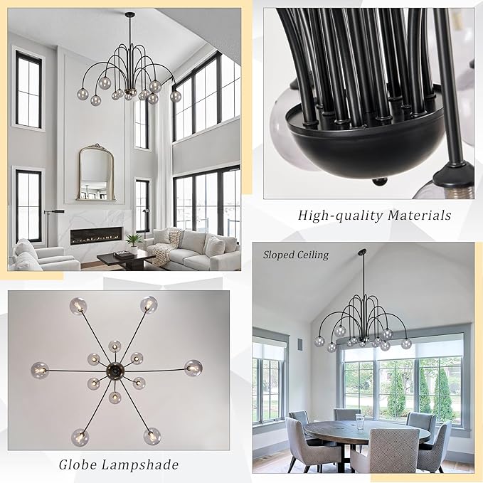 CATINER Modern Black Chandelier 12 Lights Sputnik Chandelier Large L52” Mid Century Ceiling Pendant Light Fixtures with Smoke Glass Globe Shades for High Ceiling Living Dining Room Foyer Staircase