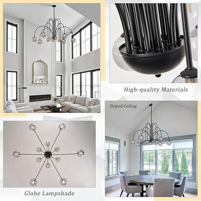 CATINER Modern Black Chandelier 12 Lights Sputnik Chandelier Large L52” Mid Century Ceiling Pendant Light Fixtures with Smoke Glass Globe Shades for High Ceiling Living Dining Room Foyer Staircase