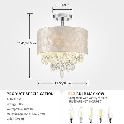3-Light Capiz Shell Crystal Drum Ceiling Light, Coastal Style Close to Ceiling Light Fixture for Dining Room, Living Room & Bedroom, D12 * H14 inch, Shell Lampshade & Chrome Finish