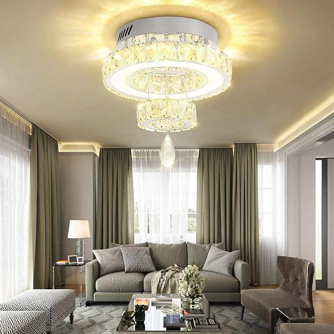 Flashing God 12" Modern Crystal Chandeliers Flush Mount Ceiling Light Silver Chandelier for Hallway LED Dimmable Mini Chandelier for Dining Room Living Room Bedroom