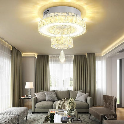 Flashing God 12" Modern Crystal Chandeliers Flush Mount Ceiling Light Silver Chandelier for Hallway LED Dimmable Mini Chandelier for Dining Room Living Room Bedroom