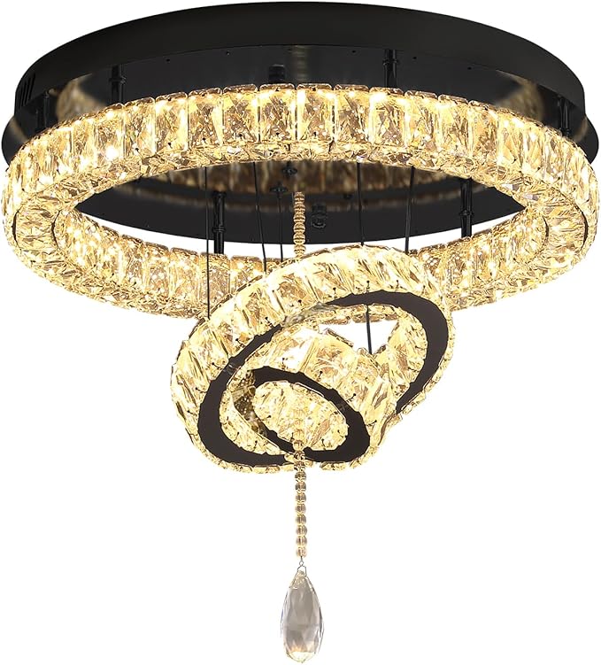 Flashing God Dia 20" Modern Crystal Chandelier for Dining Room Black Ceiling Chandelier Flush Mount Ceiling Light for Living Room Bedroom Hallway