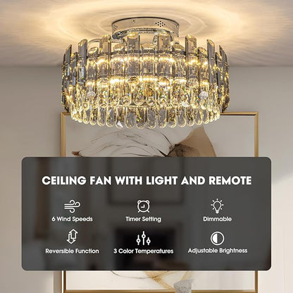 Crystal Ceiling Fan with Lights, Modern Chandelier Ceiling Fan with Remote, 6-Speed Wind, Dimmable LED, 20” Low Profile Ceiling Fan for Bedroom Dining Room Living Room