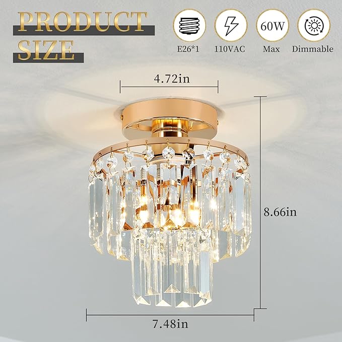 Mini Crystal Chandelier,Gold Crystal Chandeliers,2-Tier Semi Flush Mount Chandelier Pendant Lighting Fixture for Living Room Dining Room Foyer Bedroom Hallway E26 Base