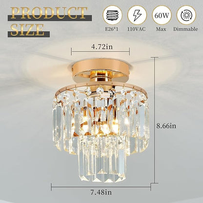 Mini Crystal Chandelier,Gold Crystal Chandeliers,2-Tier Semi Flush Mount Chandelier Pendant Lighting Fixture for Living Room Dining Room Foyer Bedroom Hallway E26 Base