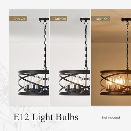 6-Light Farmhouse Drum Pendant Light,21.65'' Nature Wood Texture Vintage Rustic Chandeliers Black Metal Industrial Glass Shade Hanging Light Fixtures for Entryway, Bedroom Dining Room