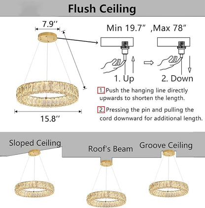 HAIXIANG Modern Crystal Chandelier Dimmable LED 16 Inch Ring Pendant Lights Adjustable Glam Chandeliers Lighting Fixtures for Dining Room Living Room Bedroom Gold Light