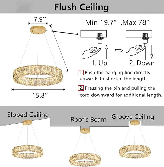 HAIXIANG Modern Crystal Chandelier Dimmable LED 16 Inch Ring Pendant Lights Adjustable Glam Chandeliers Lighting Fixtures for Dining Room Living Room Bedroom Gold Light