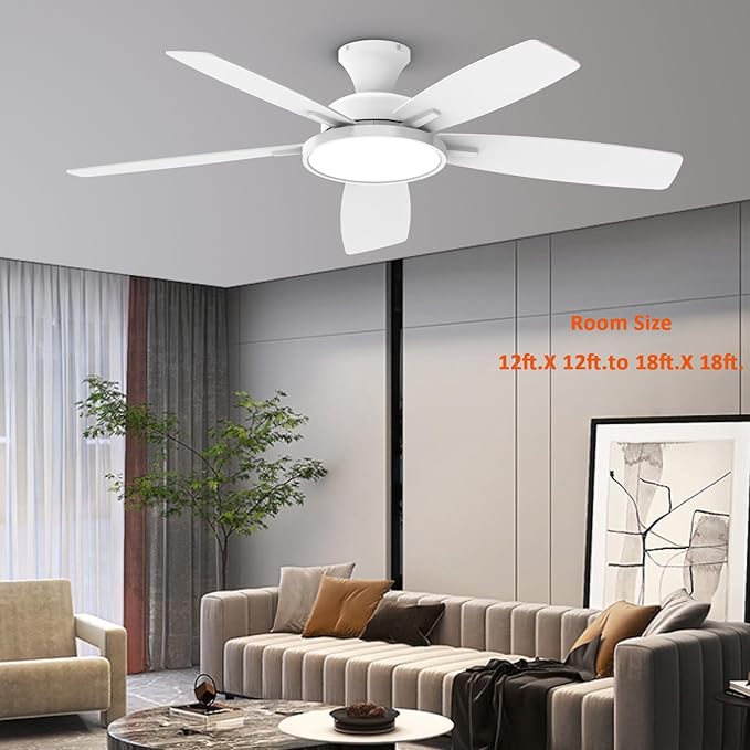TALOYA 52 inch Ceiling Fans with Lights and Remote, Low Profile Ceiling Fan with Light, Flush Mount, Reversible, 3CCT, Dimmable, Ultra Quiet White Ceiling Fan for Bedroom Living Room Indoor Outdoor