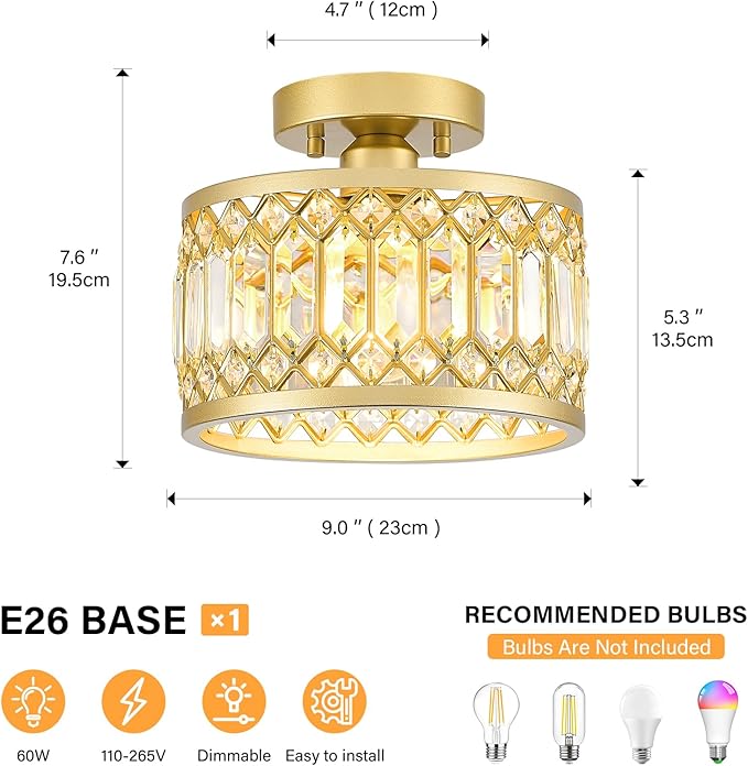 YURNYQ Crystal Ceiling Light Fixture, Modern Semi Flush Mount Ceiling Light, Gold Lighting Fixtures Ceiling Lamp for Hallway, Kitchen, Entryway, Bedroom, Laundry Room, 9.05 Inch