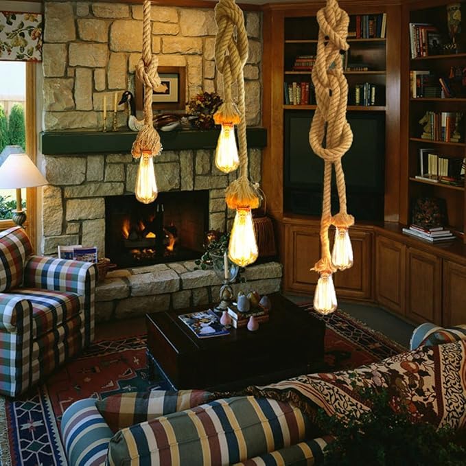 2 Heads Vintage(1.5+1.5 Meter) Hemp Rope Pendant Light Fixture E26/E27 Base,Retro Hemp Rope Hanging Light Vintage Ceiling Light Lamp Retro Style for Dining Hall Restaurant Bar Lighting,110V …