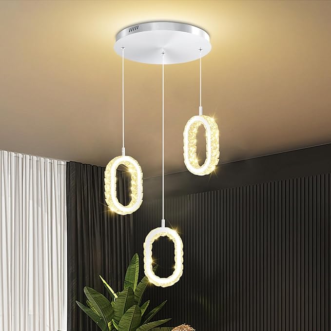 Modern LED Ring Chandelier Dimmable Crystal Ring Pendant Light for Kitchen Island Crystal Ring Chandelier for Dining Room Bedroom Living Room 3-Light Silver