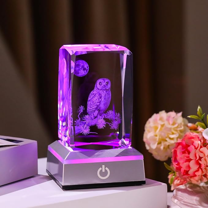 3D Laser Etched Crystal Owl Night Light - Color-Changing LED Base, K9 Crystal Paperweight & Home Decor Gift for Owl Lovers - 3.15inch