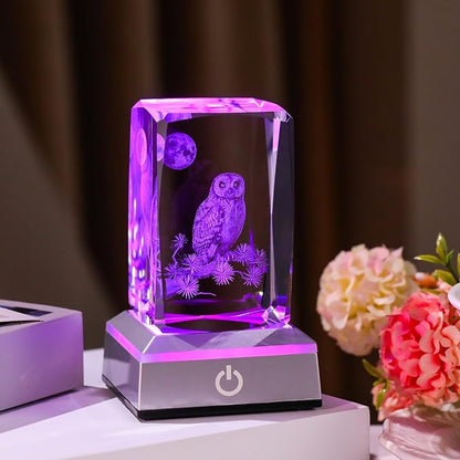 3D Laser Etched Crystal Owl Night Light - Color-Changing LED Base, K9 Crystal Paperweight & Home Decor Gift for Owl Lovers - 3.15inch