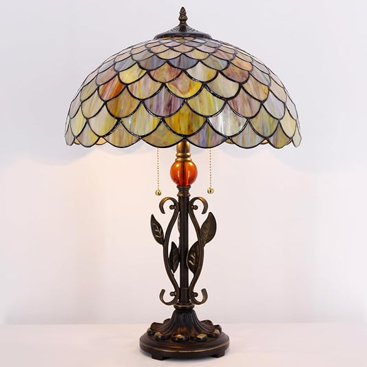 Tiffany Table Lamp Fish Scales Stained Glass Desk Reading Light 16X16X24 Inch Metal Leaf Base for Bedroom Living Room Home Office