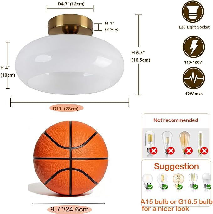 Mid Century Modern Ceiling Light Milk White Glass Globe Flush Mount Ceiling Light 11" Brass Close to Ceiling Light Fixtures for Kitchen Bedroom Hallway Closet