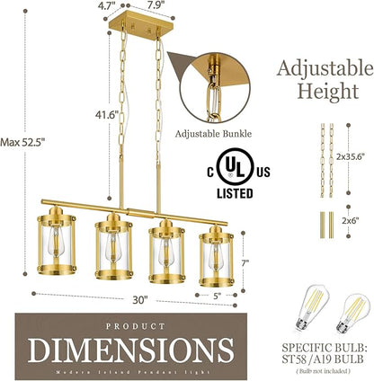 4-Light Kitchen Island Lighting, Brushed Gold Linear Dining Room Light Fixtures with Clear Glass, Modern Mid Century Chandelier Pendant Light for Kitchen Island Dining Room, OS-3014-4ISBG
