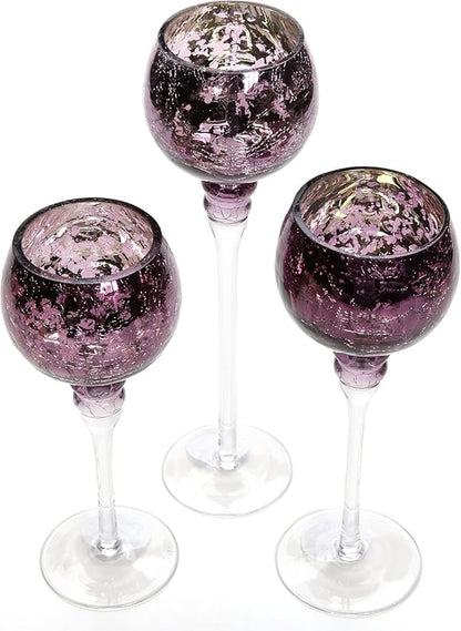 Hosley Set of 3 Crackle Purple Glass Tealight Holders 12 Inch, 10 Inch, 9 Inch Heights for Captivating Candlelight Ambiance Radiant Elegance