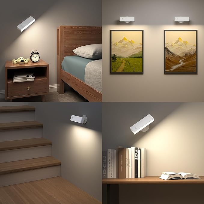 YiLaie LED Magnetic Wall Sconce Lights, 2Pack 4000mAh Battery Operated Wall Sconce, USB Rechargeable Wall Lights with Touch Controls & Brightness Adjustment, 360° Rotate Wall Mounted Reading Llight