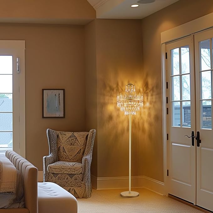 TOCHIC 3 Lights Gold Floor Lamp - Modern Farmhouse Crystal Standing Lamp, 66" Tall Adjustable Unique Chandelier for Bedroom, Living Room, Kids Room, Office, Corner