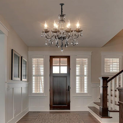 Luxurious Smoky Gray Crystal Chandelier for Living Room, Antique 6-Lights Teardrop Candle Chandelier Pendant Ceiling Lighting Fixture for Kitchen Dinner Party Closet Entryway of CRYSTOP