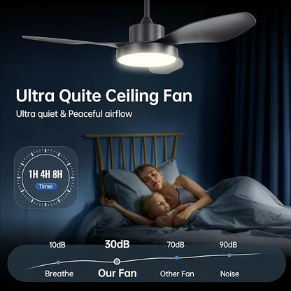 Sofucor 48 Inch Ceiling Fan with Lights Flush Mount Modern Outdoor Ceiling Fans with Remote,3 CCT Dimmable Quiet DC Motor & Timer for Patio/Bedroom/Farmhouse/Indoor (Black, 48 Inch/Smart Control)