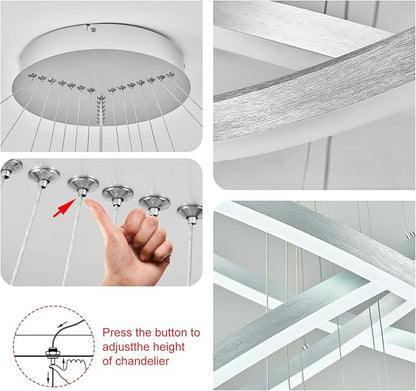 7-Rings D31.5’’ Modern LED Chandelier Silver Dimmable High Ceiling Chandeliers Foyer with Remote Control for Staircase Entryway Dining Room Living Room, 3000K-6500K