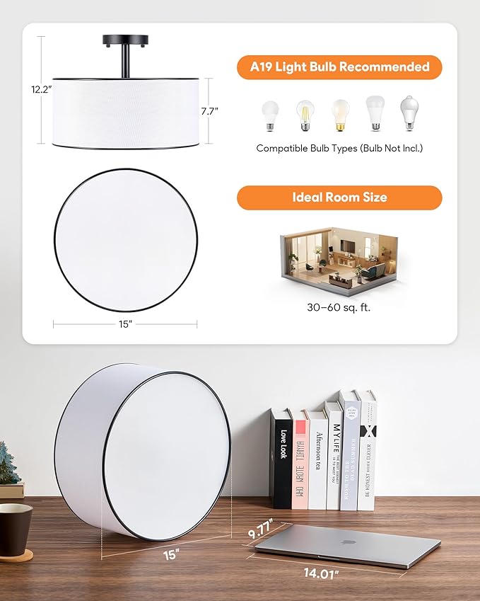 VONLUCE Semi-Flush Mount Ceiling Light, 15" Modern 3-Light Ceiling Light Fixture with White Drum Shade 3 E26 Sockets for Bedroom Entryway Living Room, Black Finish, ETL Certificated