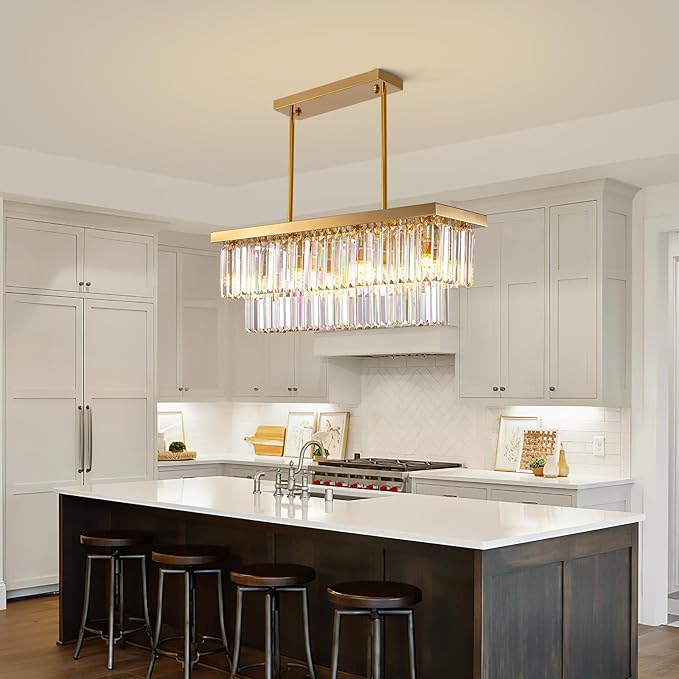 Siljoy Rectangular Gold Crystal Chandelier for Dining Room, 8-Light Modern K9 Crystal Raindrop Chandelier, Luxury Crystal Ceiling Light for Living Room Kitchen Island L31.5'' x W10'' x H10''