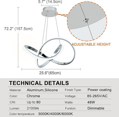 MAYNA Modern Chandelier with Remote Control, 3-Color Dimmable LED Pendant Light Fixtures, Height Adjustable Kitchen Island Lighting for Dining Room Kitchen Entryway Living Room, Chrome 25.6 inch