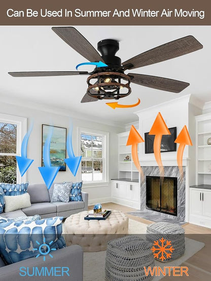52" Farmhouse Rustic Ceiling Fan with Lights and Remote, Flush Mount Ceiling Fan Low Profile Caged Fandelier Chandelier, 5 Dual Blades Reversible DC Motor 6 Speeds for Bedroom Living Room