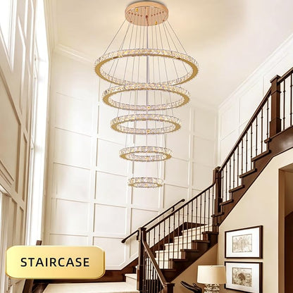 Modern Crystal Chandelier Dimmable 5 Rings LED Gold Chandelier Linear Chandelier Dining Room Light Fixture with Remote for Entryway, Bedroom,Living Room and Foyer