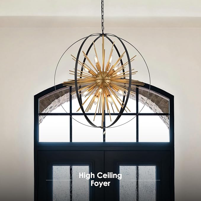 31.5" Black Gold Large Globe Sputnik Chandelier, 16-Light Mid Century Modern Industrial Starburst Golden Metal Satellite Light Fixture for High Ceiling Living Room Dining Room Foyer, E12