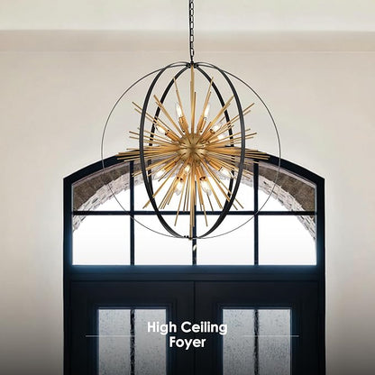 31.5" Black Gold Large Globe Sputnik Chandelier, 16-Light Mid Century Modern Industrial Starburst Golden Metal Satellite Light Fixture for High Ceiling Living Room Dining Room Foyer, E12