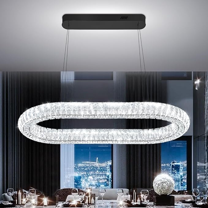 Crystal Ring Chandelier, 31.5'' Black Crystal Ring Pendant Light for Kitchen Island Modern Linear Oval Chandeliers for Dining Room Dimmable 3000K-6000K