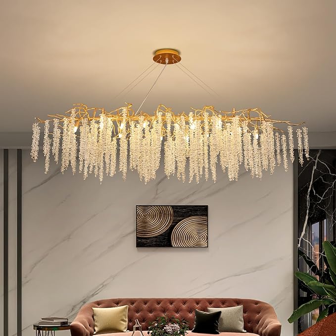 Crystal Tree Branch Chandelier L63 Inch Luxury Rectangular Crystal Raindrop Pendant Light 16 Lights Kitchen Island Hanging Light Fixture for Living Room Dining Room Foyer Entryway Gold