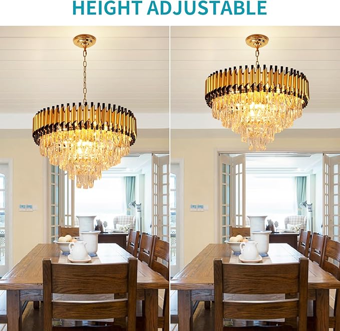 Depuley Modern Gold Crystal Chandelier: 24" 5-Tier K9 Crystal Hanging Light 9-Light Flush Mount Chandelier for Living Room Dining Room Entryway Bedroom Included Bulbs