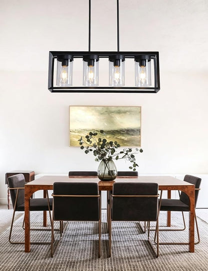 Modern 4-Light Linear Dining Room Light Fixture, Black Rectangle Farmhouse Chandeliers with Clear Glass Shades, Kitchen Island Lighting Fixtures Over Table Ceiling Hanging Pendant Lights
