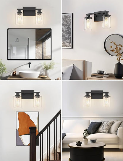 DORESshop 2-Light Black Bathroom Light Fixtures Over Mirror with Clear Glass Shade, Vanity Lights for Bathroom Mirror Hallway Bedroom Living Room, ETL Listed