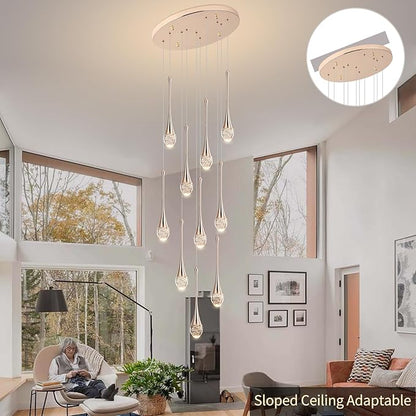 Modern Crystal Chandelier 9-Lights Gold, H98.5'' High Ceiling Spiral Dimmable LED Bubble Crystal Raindrop Light Fixture for Foyer Entryway Dining Room Remote Control