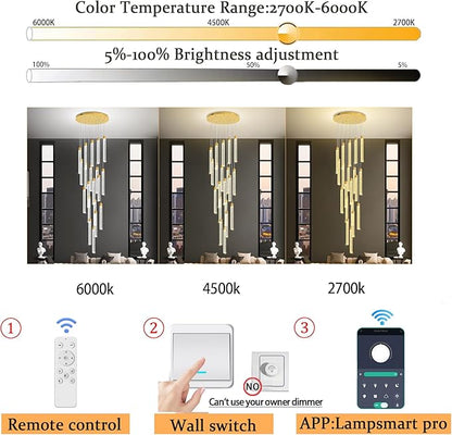 138'' Long Crystal Column Chandelier Extra Large High Ceiling Chandelier Staircase Gold 20-Lights Dimmable Led Pendant Lighting Foyer Entryway Light Source is Replaceable