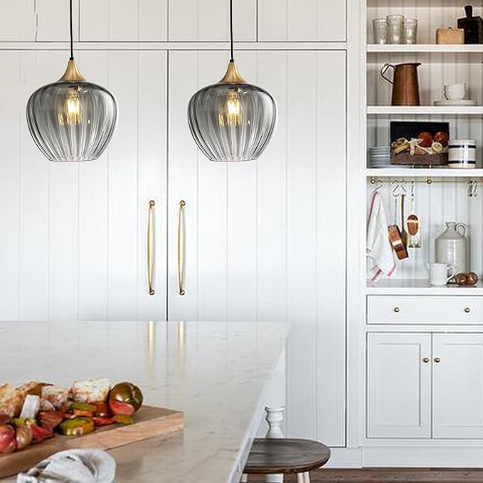 Glass Lampshade Pendant Light Kitchen Island, 9" Vintage Hanging Lamp Ceiling Lighting Fixture, Brushed Gold Modern Chandelier for Dining Room Restaurant Foyer Entryway (Smoke Grey)