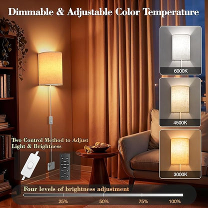 Plug in Wall Sconces Set of Two: Wall Lights with 7 RGB Colors - 3 Color Temperature Wall Mount Lamps with Remote - Fabric Linen Wall Sconc for Bedroom Living Room & Hallway- Indoor Corded Wall Sconce